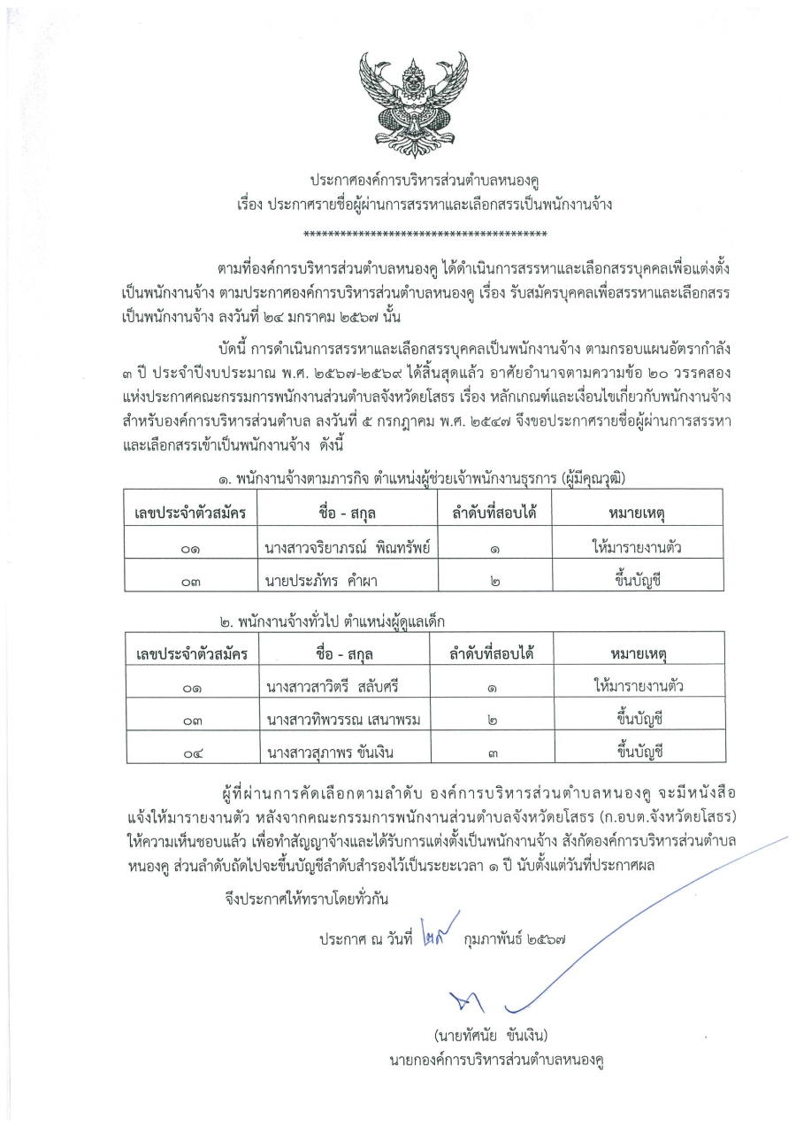 ประกาศรายชื่อผู้ผ่านการสรรหาและเลือกสรรเข้าเป็นพนักงานจ้าง